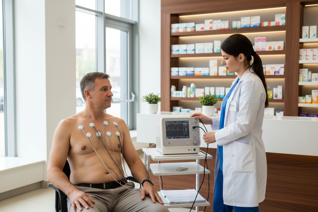 Un medico con camice bianco collega i cavi dell'elettrocardiografo ai sensori applicati sul torace di un paziente seduto.
