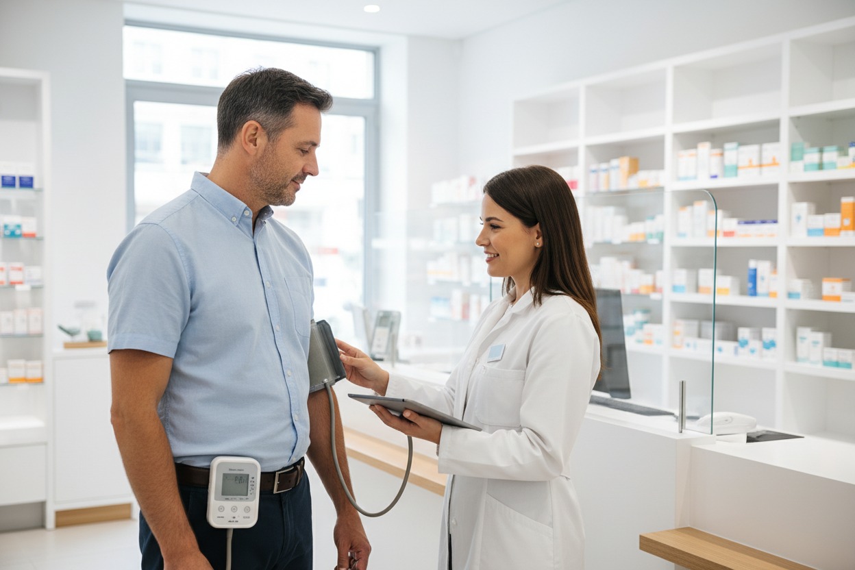 Una farmacista sorridente misura la pressione sanguigna a un cliente in farmacia.