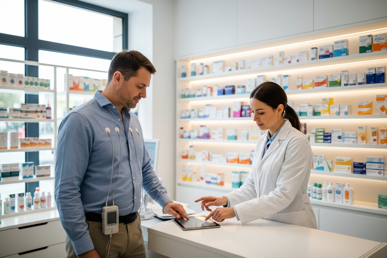 Un farmacista e un paziente interagiscono con un tablet al banco in una farmacia.