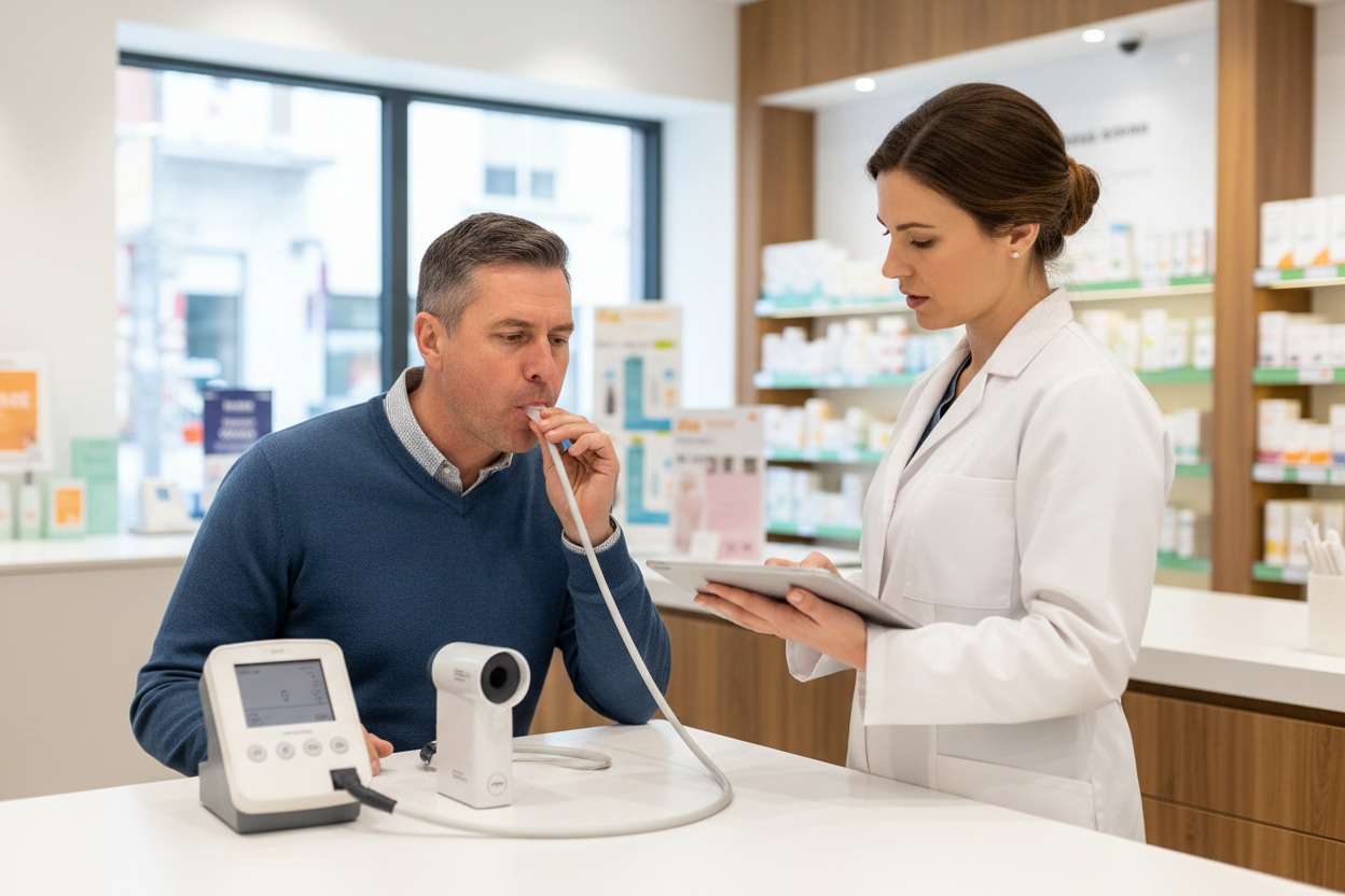 Un cliente esegue un test della spirometria con un boccaglio collegato a un dispositivo medico, mentre un farmacista controlla i risultati su un tablet.