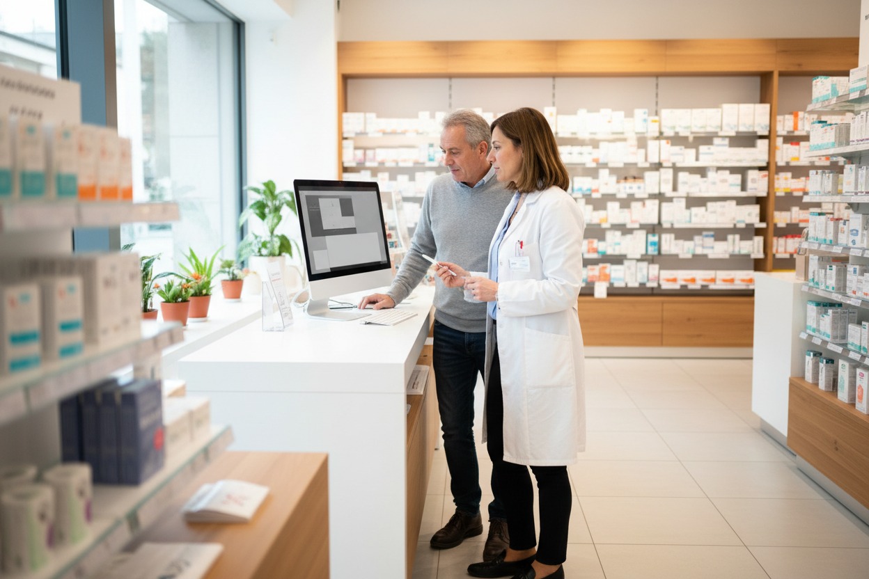 Una farmacista in camice bianco mostra lo schermo di un computer a un cliente all'interno di una farmacia.