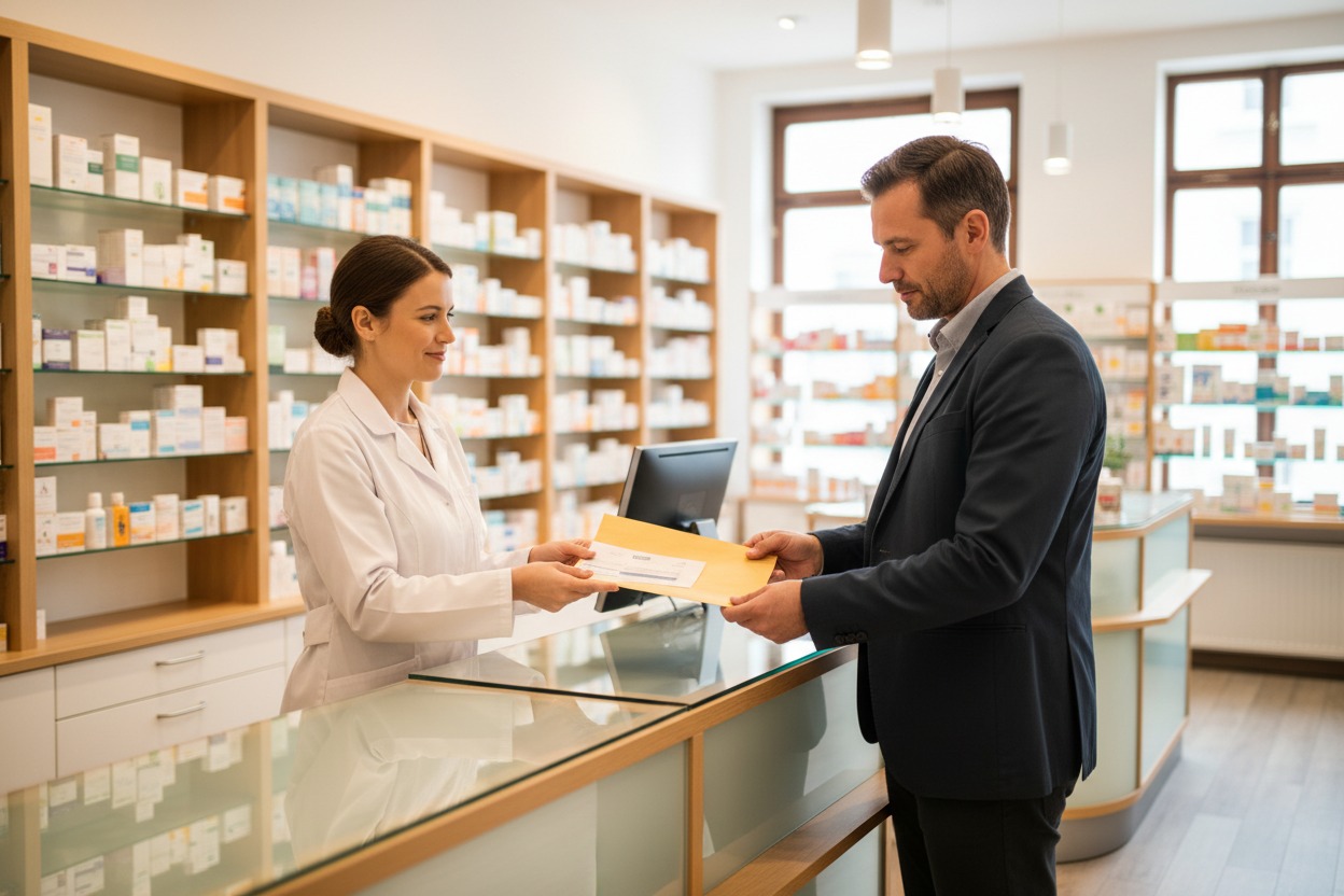 Una farmacista in camice bianco consegna una busta a un cliente in abito da lavoro in una farmacia con scaffali pieni di medicinali.