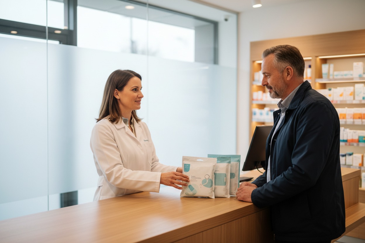 Una farmacista con camice bianco porge dei prodotti medicali a un cliente al banco di una farmacia.
