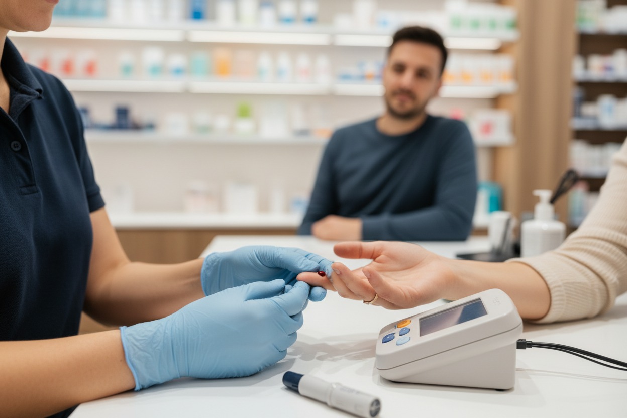 Un farmacista con guanti blu esegue un test della glicemia pungendo il dito di un cliente in farmacia.